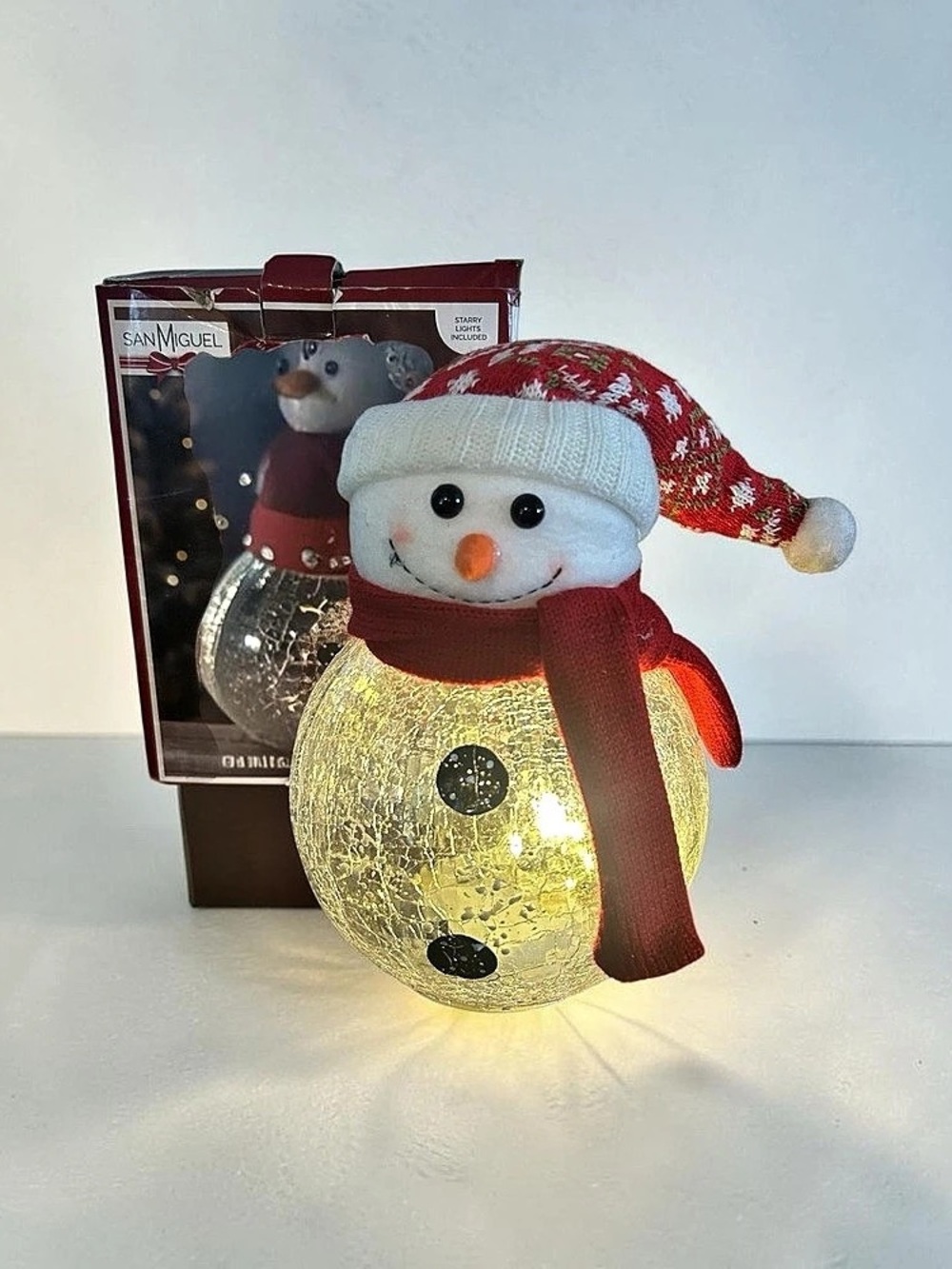 San Miguel Snowman Crackle Glass Lighted Christmas Decor Holiday Decoration 10”